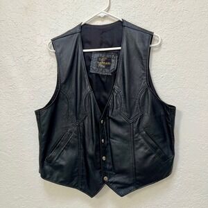 Raphael Leather Mens Black Western Biker Vest Size 44 Snap Front Moto